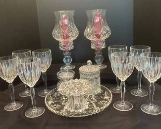 Crystal Water Goblets, AH Cut Glass Starburst, Candle Holders