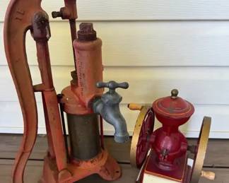 Vintage Coffee Grinder and Pitcher Pump