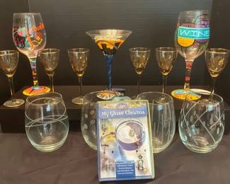 Vintage Gold Rimmed Stemware 6 , 4 Etched Stemless, 3 Painted Stemmed Glasses