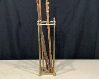 Lot 599: Brass Umbrella Stand & Hand Carved Wood Canes