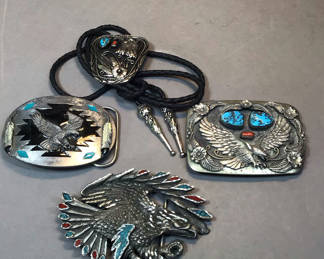Lot 487: Flying Eagle Metal & Turquoise Buckles and Bolo