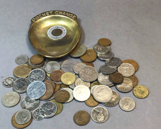Lot 484: Brass Coin Dish & Foreign Pocket Change