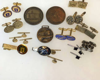 Lot 483: Men's Cufflinks, Tie Tacks, Brass Centennial Medallions
