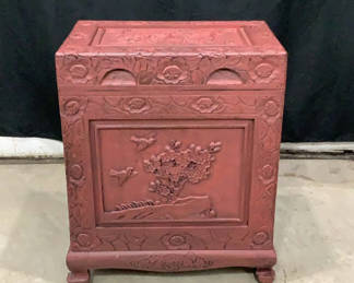 Lot 593: Red Carved Wood Chest