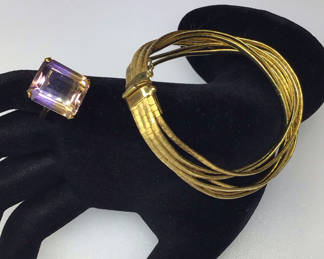 Lot 454: 18K Florentine Gold Bracelet & Tourmaline Cocktail Ring (27+ dwt)