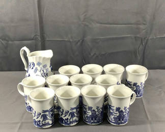 Lot 539: Churchill Blue Willow Coffee Mugs & Jug
