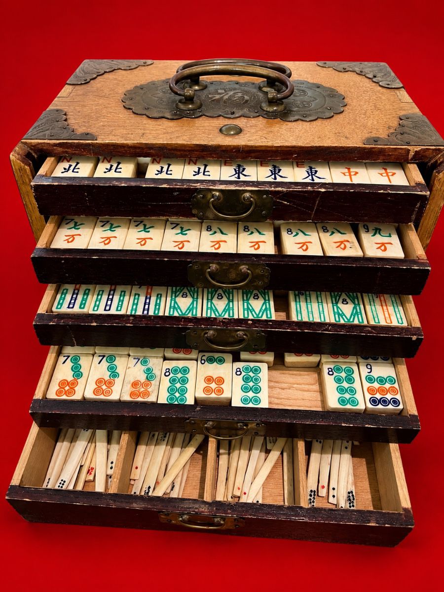 Antique Chinese Bone & Bamboo MahJong Set, brass mounted wooden cabinet circa 1920s-1930s