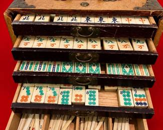 Antique Chinese Bone & Bamboo MahJong Set, brass mounted wooden cabinet circa 1920s-1930s