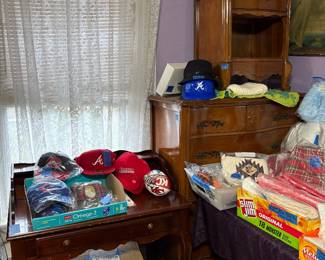 Bedroom end table, linen, hats