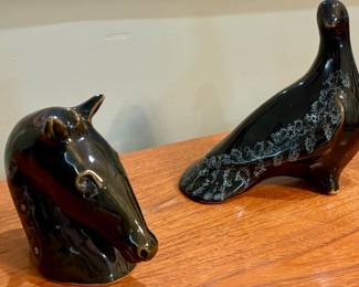 Vintage black ceramic bird figurine $45 Horse vintage mid-century modern black-glazed ceramic horse head $45