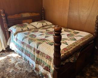 Antique full size waterfall inlaid wood bed