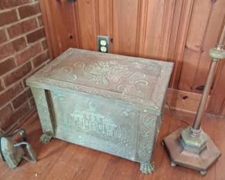 Great copper chest with russian double eagle and copper and alabaster floor lamp