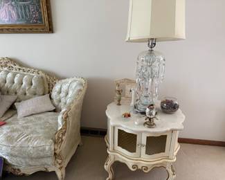Antique crystal lamps, marble end tables and coffee table. Sofa and side chairs