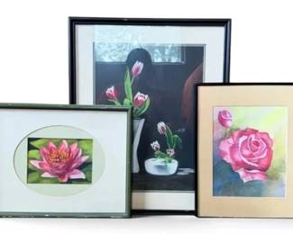 Three Framed Floral Wall Art Pieces