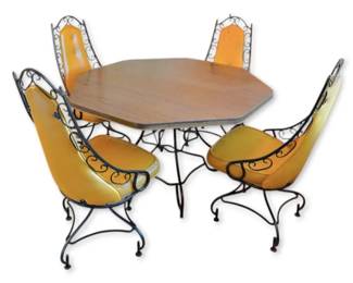 Vintage Golden Yellow Dining Set Octagon Table Four Chairs w Wrought Iron Details