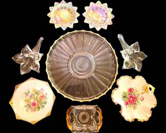 Clear Glass Divided Dish, Lily Bud Vases, Iridescent Petal Plates More