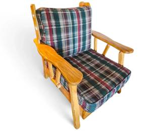 Chunky Wood Chair With Plaid Cushions