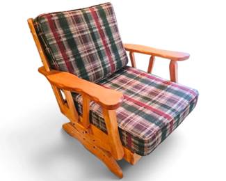 Chunky Wood Rocking Chair With Plaid Cushions