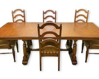 MidCentury Wooden Dining Table w 6 Chairs, Extra Leaf, Cover