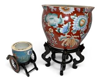Red Blue Porcelain Floral Planter Pots W Stands