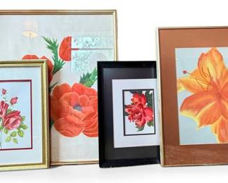 Set Of Four Framed Watercolor Floral Paintings