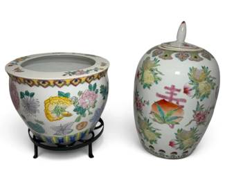 Porcelain Floral Painted Planter W Stand Jar