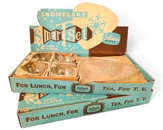 Indiana Glass Snowflake Smart Set Snack Luncheon Sets w Original Boxes