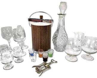 MCM Kromex Ice Bucket, Clear Glass Decanter, Glasses More