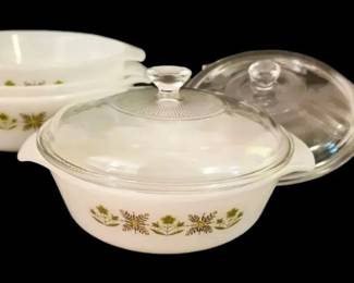 Fire King Meadow Green Cassarole Dishes Glass Lids