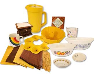 Vintage Kitchen Yellow Tupperware, Rainbow Mug, Glasbake Casserole Dishes, More