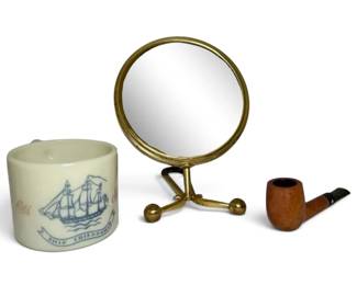 Brass Mirror, Wood Pipe, Shaving Mug