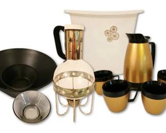 Atomic Brass Starburst Coffee Carafe, ThermoServ Mug Set, Retro Floral Wastebasket, More