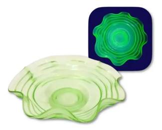Uranium Ruffled Ribbed Glass Candy Dish