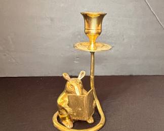Vintage Brass Mouse Reading Book Candlestick
