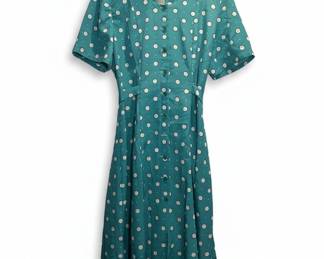 Vintage 80s Teal Blue White Polka Dot Button Up Midi Dress