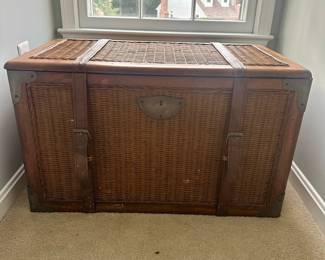 Vintage Wicker and Wood Storage Trunk with Leather Straps