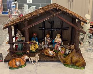 Vintage Nativity Set with Wood Stable and Hand-Painted Figures