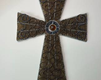Beaded Wire Wall Cross with Amber Cabochon