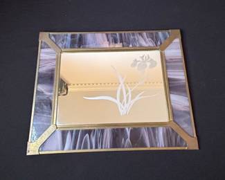 Vintage Etched Iris Stained Glass Mirror