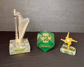 Irish Souvenir Collection: Harp, Claddagh Paperweight, and St. Brigid's Cross
