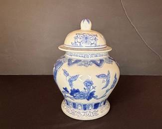 Vintage Chinese Blue and White Porcelain Ginger Jar with Birds