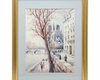 Claude Ducollet Parisian Street Scene Watercolor