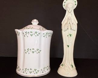 Royal Tara Ireland Shamrock Porcelain Lidded Jar and Praying Nun Figurine