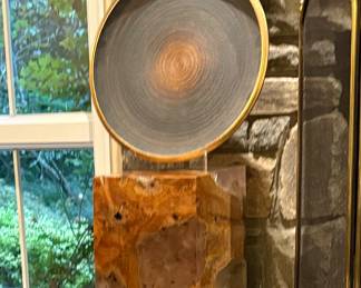Wood and resin stand/side table w/ 18" signed ceramic disk