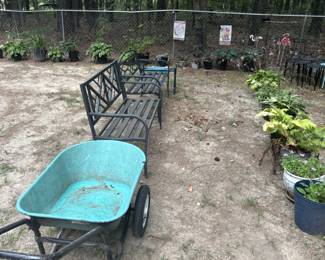Large assortment of potted plants, planters, flowers and garden décor, Benches and patio Furniture