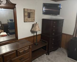Traditional wood bedroom furniture, tall chest of drawers and storage cabinet
