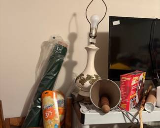 Close up of lamp, TV, miscellaneous