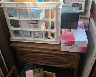 Upstairs - Small end table, card box (green), crate of paper products