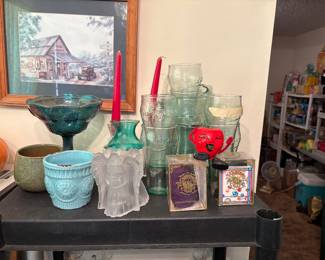 Clear glass angel, candle holders with red candles, small flower pots, vase, CocaCola set with 9 glasses & pitcher