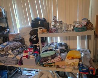 Bedroom - blankets, socks, mid bedding, miscellaneous throws, angel, horse, candles, clock, cats, & miscellaneous